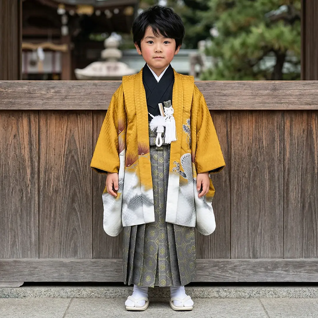 七五三 5歳 羽織袴セット 龍 鷹 金色 黄唐茶地に鷹と雲龍、藍鼠の袴／七五三・五歳男の子・袴 | 宅配着物