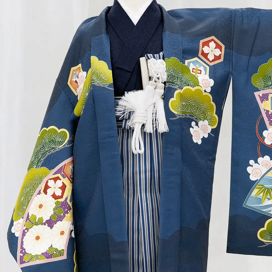 花うさぎ》紺地に鷹と扇、紺縞の袴／七五三・五歳男の子・袴 | 宅配