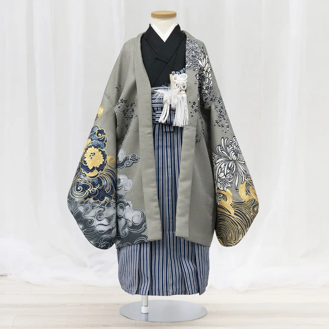 <信玄> 灰色地に虎、紺縞の袴／小さめサイズ／七五三・五歳男の子・袴／正面