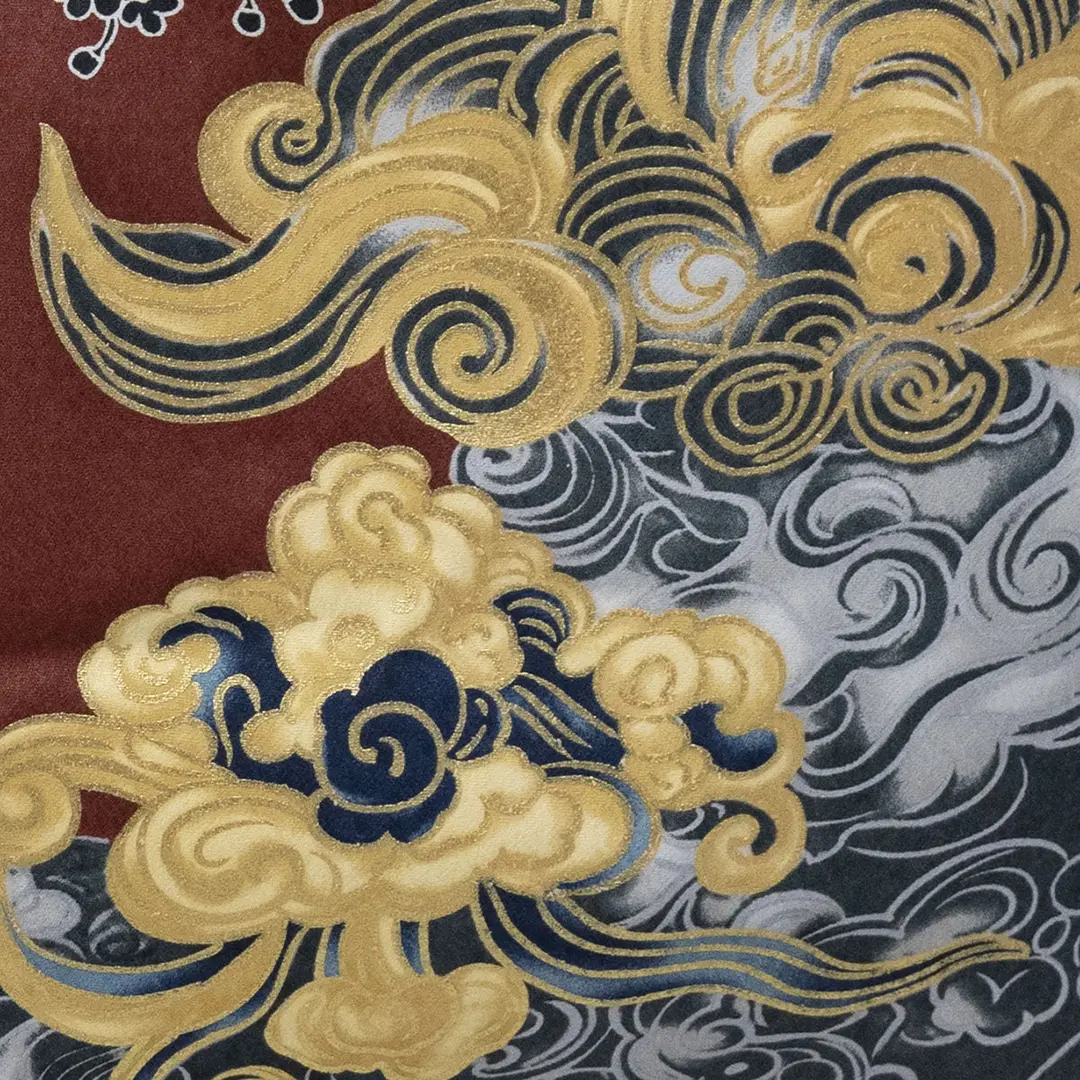 <信玄> 赤茶地に虎、黒縞の袴／小さめサイズ／七五三・五歳男の子・袴／左袖詳細