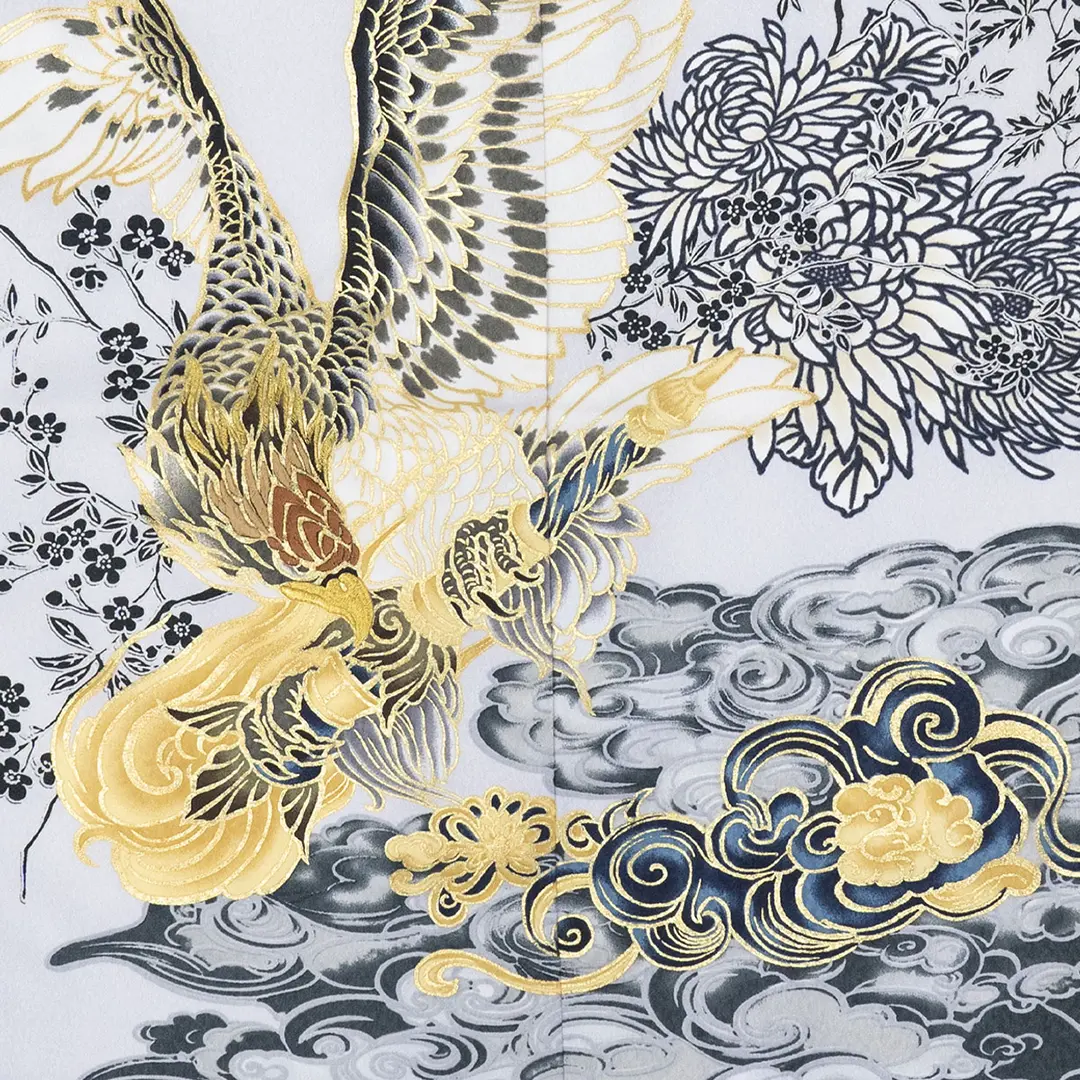 <信玄> 水灰色地に鷹、藍鼠の袴／小さめサイズ／七五三・五歳男の子・袴／背中の柄詳細