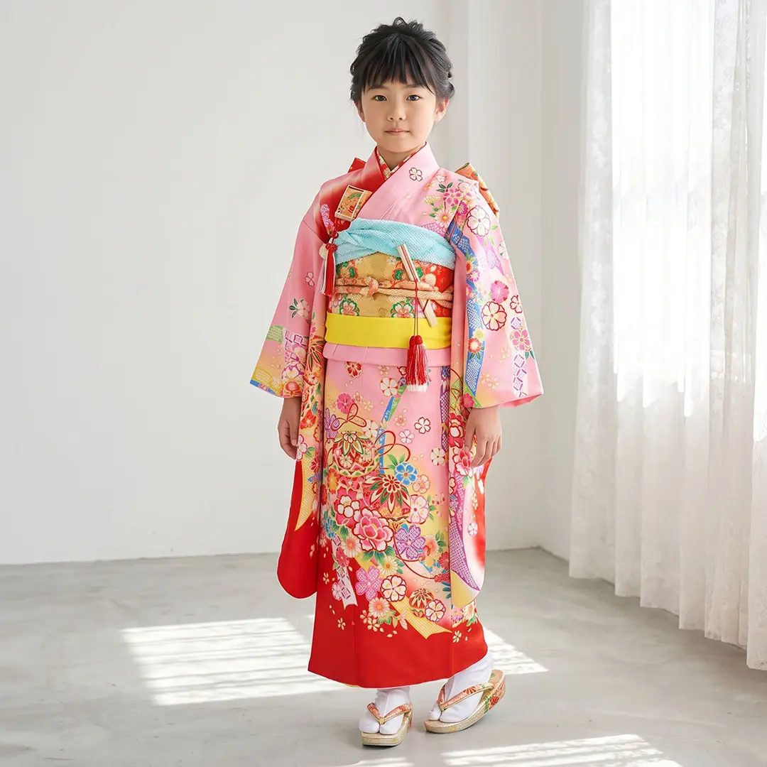 ピンク地に鞠と牡丹、熨斗の着物／七五三・七歳女の子／着用イメージ