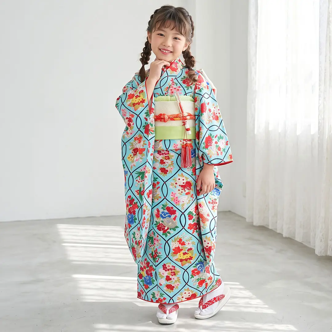 式部クラシック》水色地にバラの着物／七五三・七歳女の子 | 宅配着物