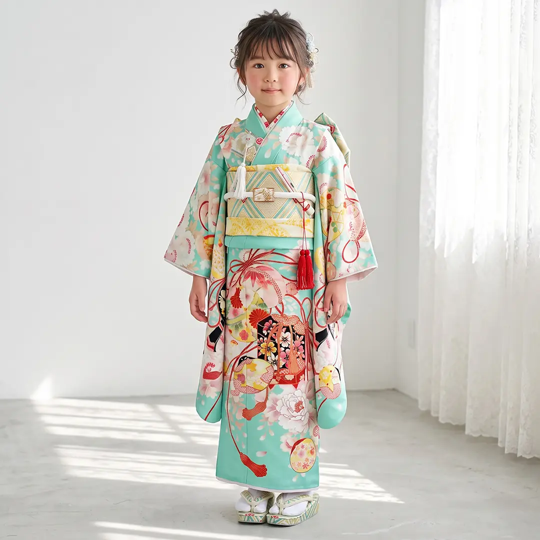 《華徒然》桜と薬玉・鞠・貝合の着物（水色）／七五三・七歳女の子／着用イメージ