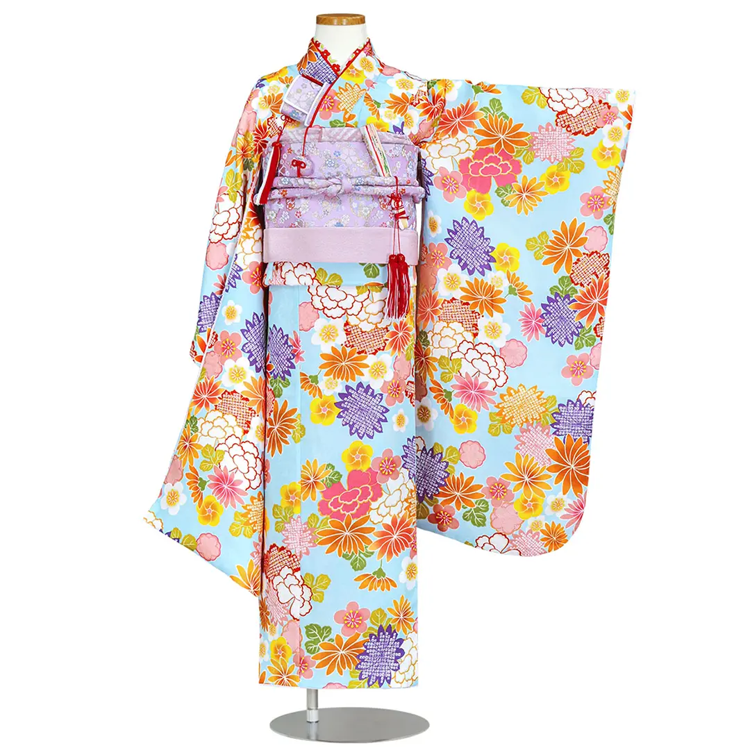 専用です☆アンティーク紫　百花繚乱着物と作り帯☆七五三 水色地に百花の着物（紫帯に紫）／七五三・七歳女の子 | 宅配着物