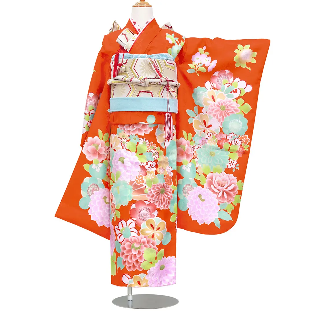 オレンジ地に牡丹づくしの着物（ブルー）／七五三・七歳女の子／正面