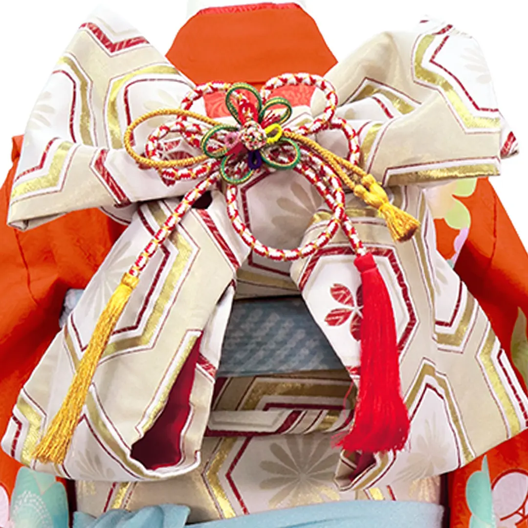 オレンジ地に牡丹づくしの着物（ブルー）／七五三・七歳女の子／帯