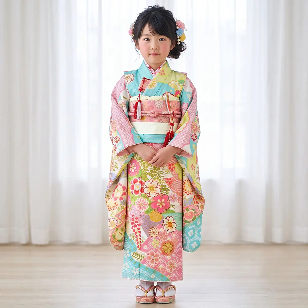 《式部浪漫》水色の辻が花風の着物／七五三・七歳女の子／着用イメージ