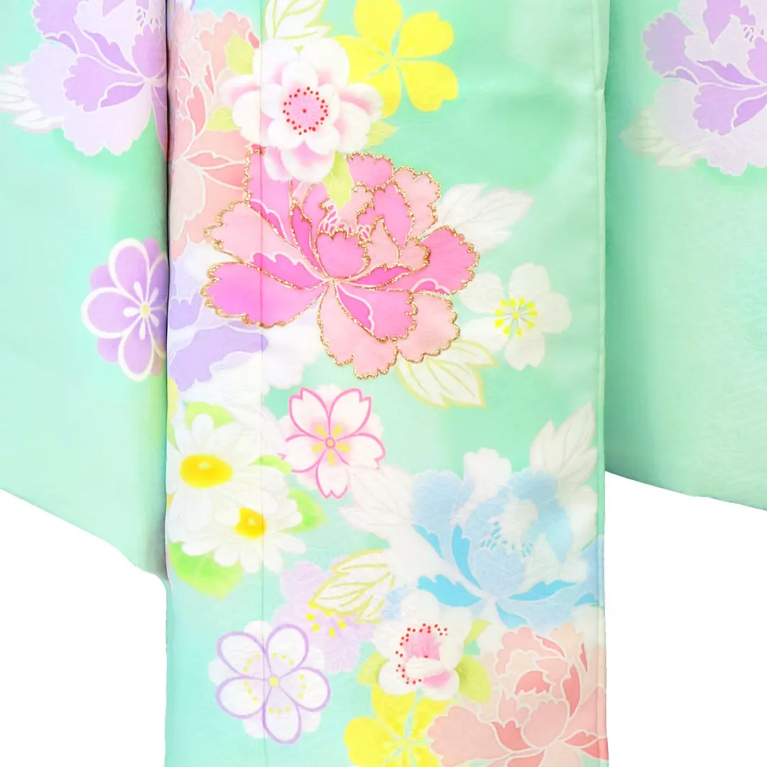 パステルブルーに花模様の着物（白帯にピンク）／七五三・七歳女の子／裾詳細