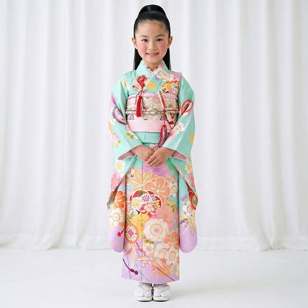 式部浪漫》水色と藤色地に梅と笹の着物/七五三・七歳女の子 | 宅配 式部浪漫》水色と藤色地に梅と笹の着物/七五三・七歳女の子 | 宅配
