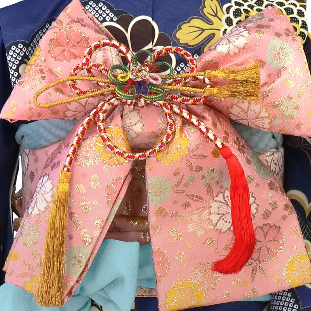紺地に菊と松竹梅の着物（水色）／七五三・七歳女の子／帯