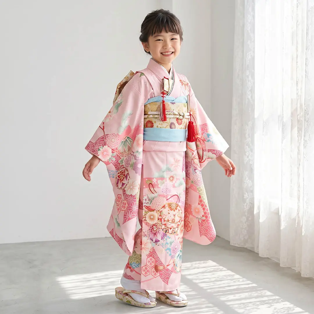 《雅鞠あそび》ピンク地に鞠と束ね熨斗の着物／七五三・七歳女の子／着用イメージ