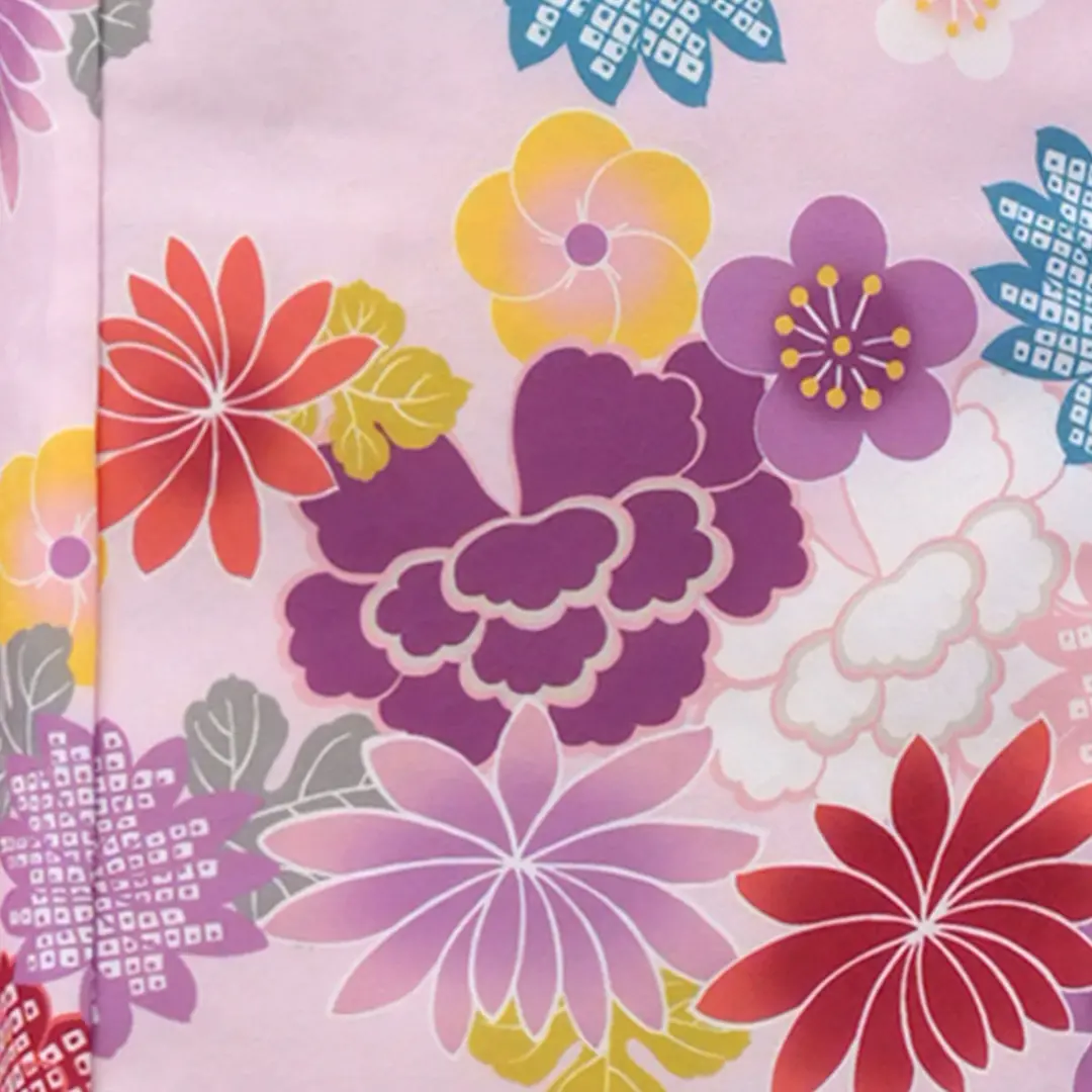 ピンク地に百花の着物（赤桜）／七五三・七歳女の子／柄詳細2