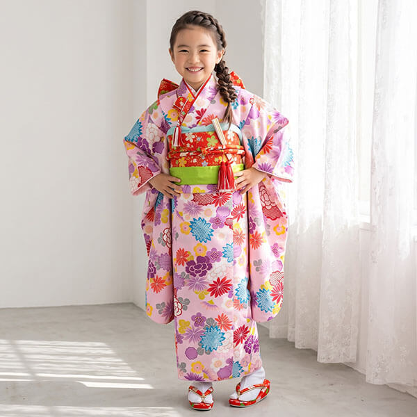ピンク地に百花の着物（赤桜）／七五三・七歳女の子