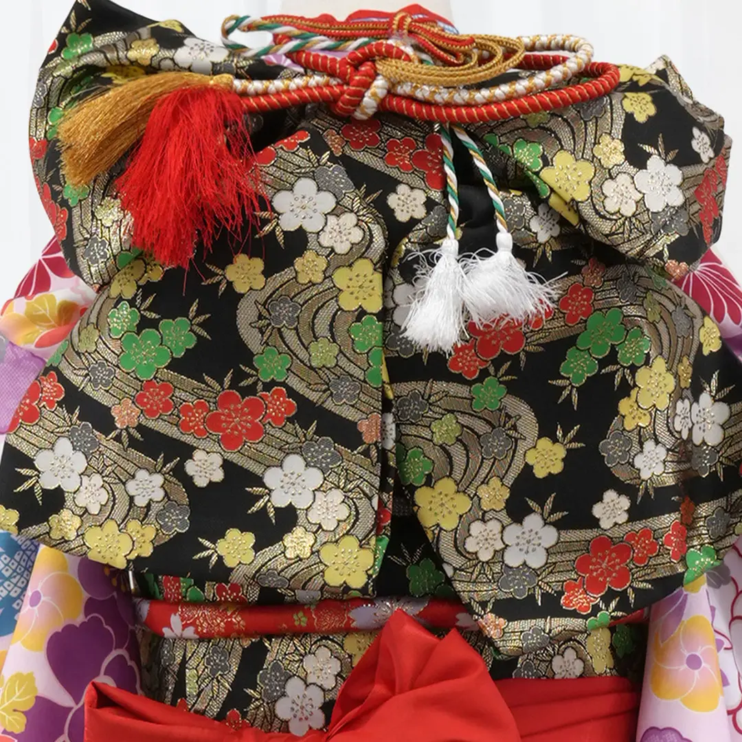 ピンク地に百花の着物（黒梅）／七五三・七歳女の子／帯