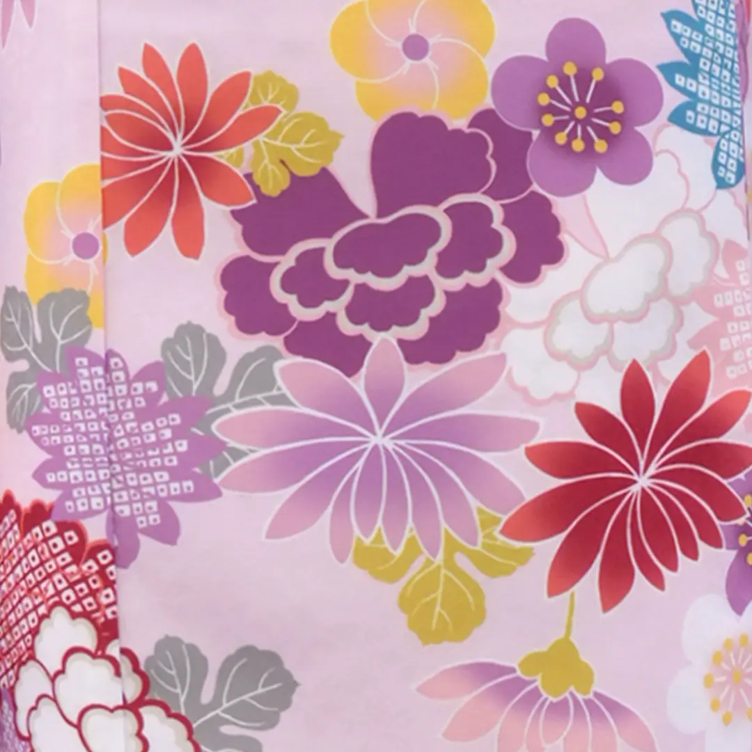 ピンク地に百花の着物（黒梅）／七五三・七歳女の子／柄詳細2