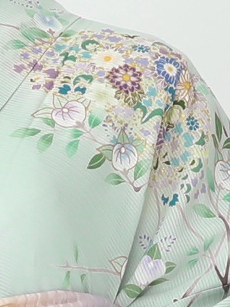 着物　訪問着　袷　青磁色　花紋様 薄青磁色に四季花の訪問着(絽) | 宅配着物レンタルの京都かしきもの