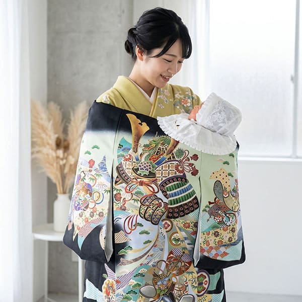 お宮参り産着レンタル／<福助> 黒地に兜と束ね熨斗の祝い着／男児