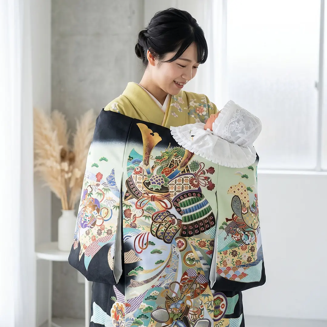 お宮参り 男児 祝着 産着 化繊 兜 日本製 着物【未使用品】A-2788 男の子のお宮参り産着 祝い着「黒地 龍に兜、鐙」熨斗目 のしめ 一つ身
