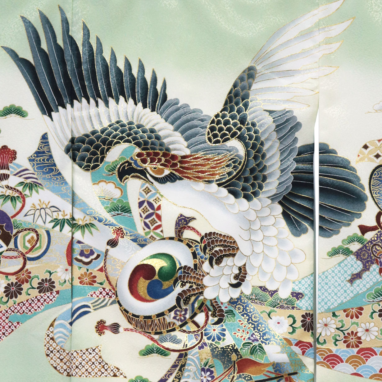 黄緑地に鷹と宝船の祝い着（産着）／男児（ポリエステル）