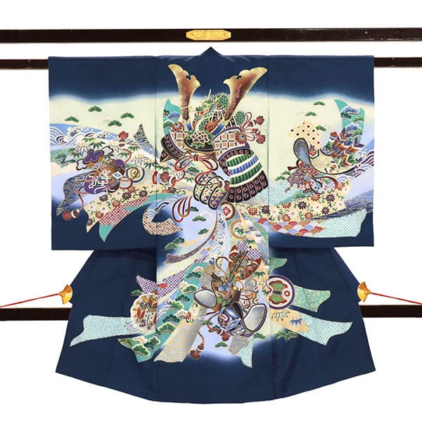 <福助> 紺地に兜と束ね熨斗の祝い着／男児（ポリエステル）