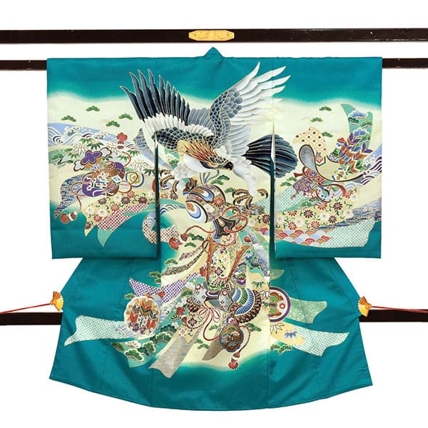 テールグリーンに鷹と束ね熨斗の祝い着（産着）／男児（ポリエステル）