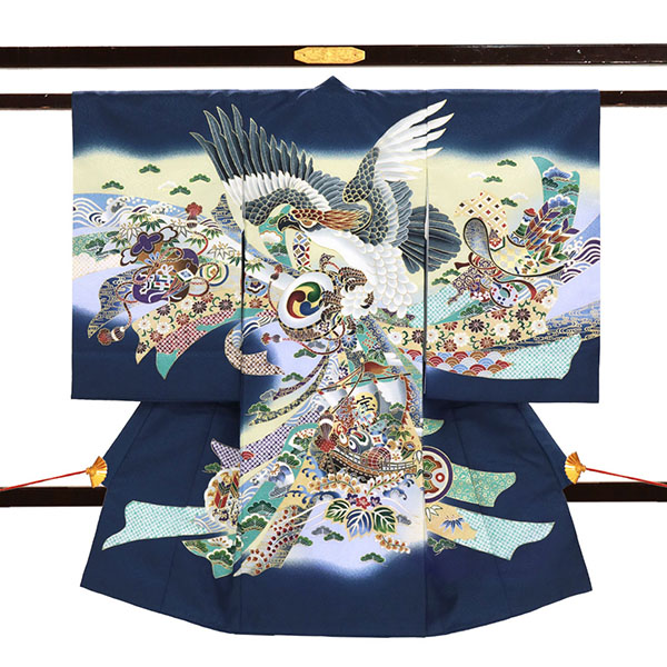 <福助> 紺地に鷹と宝船の祝い着／男児（ポリエステル）