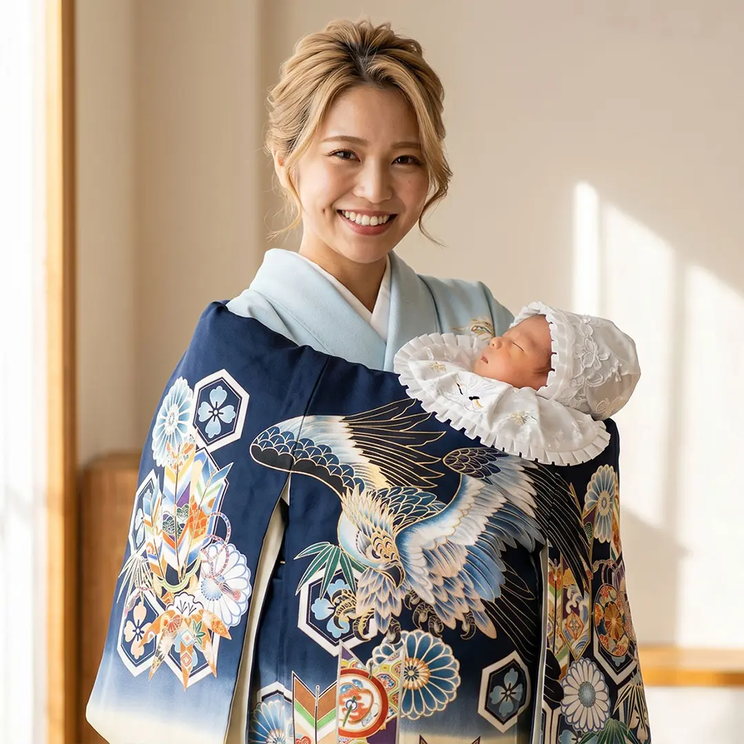 お宮参り　産着　祝い着　美品 お宮参り産着レンタル／紺地に黄金の鷹、兜に波の祝い着／男児 | お