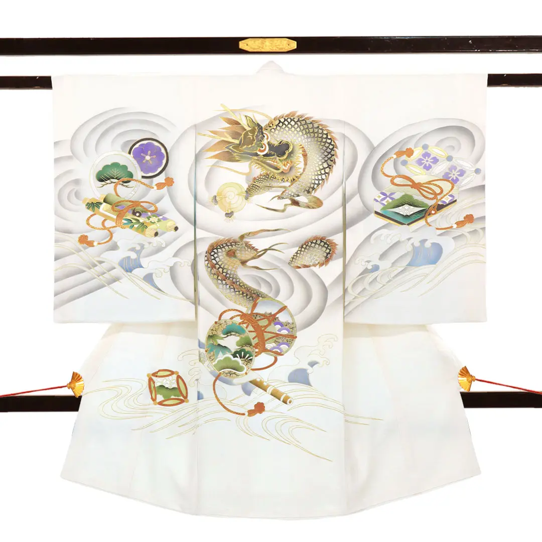 お宮参り産着レンタル／<粋>白地に龍の祝い着／男児| お宮参りの産着