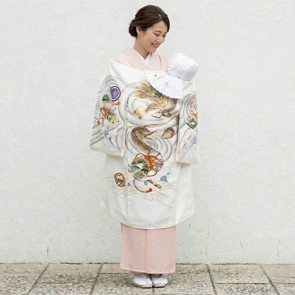 お宮参り産着／<粋>白地に龍の祝い着／男児