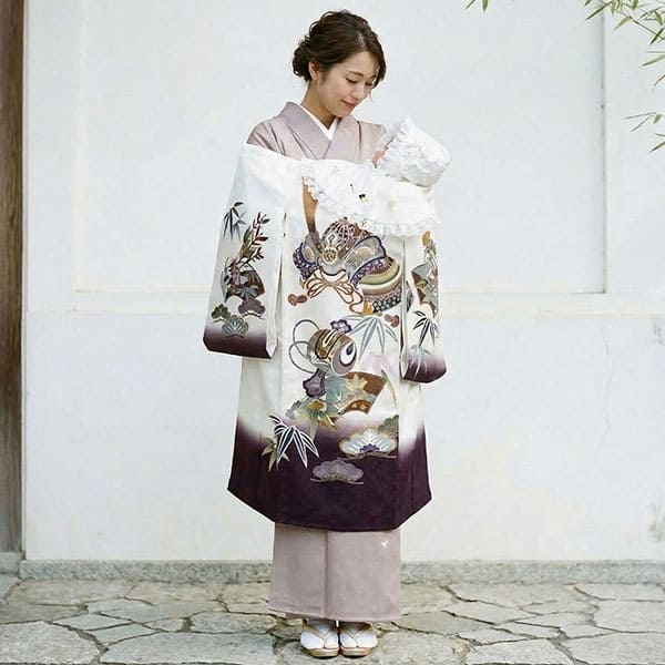 お宮参り産着／<粋>白地に兜や打ち出の小槌の祝い着／男児