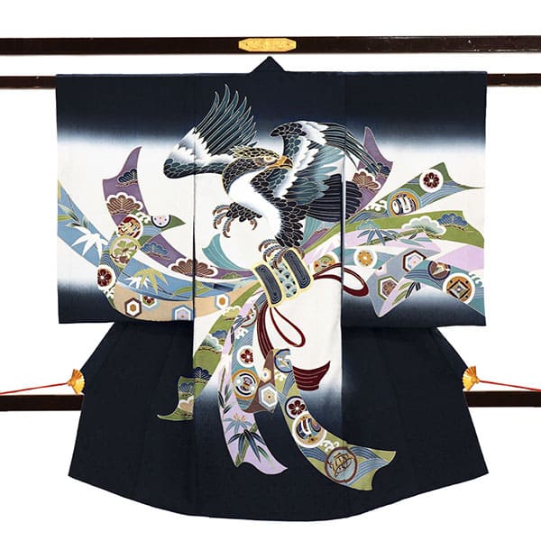 お宮参り産着レンタル／<粋>紺地に鷹と熨斗の祝い着／男児| お宮参りの