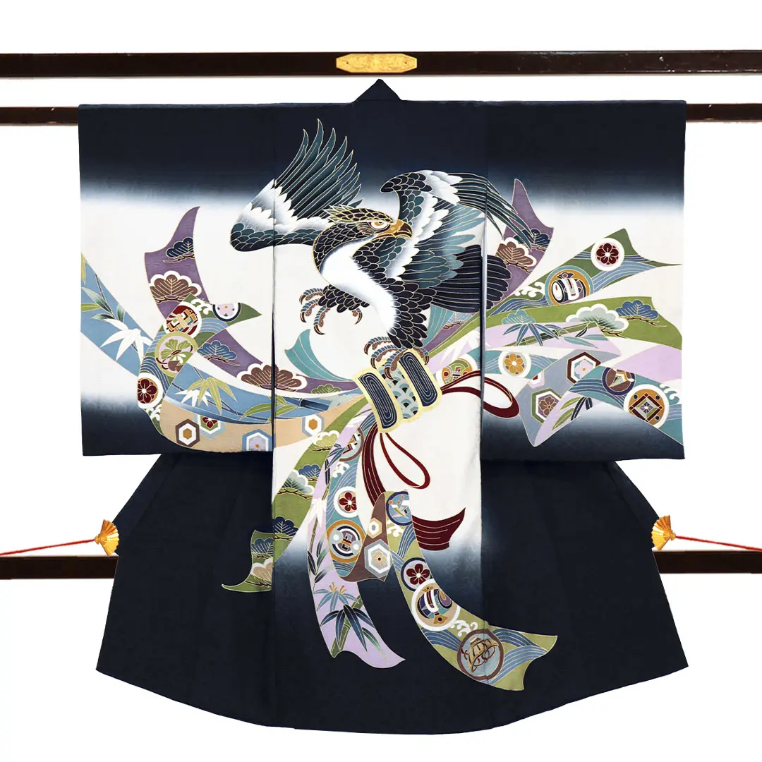 お宮参り産着レンタル／<粋>紺地に鷹と熨斗の祝い着／男児| お宮参りの