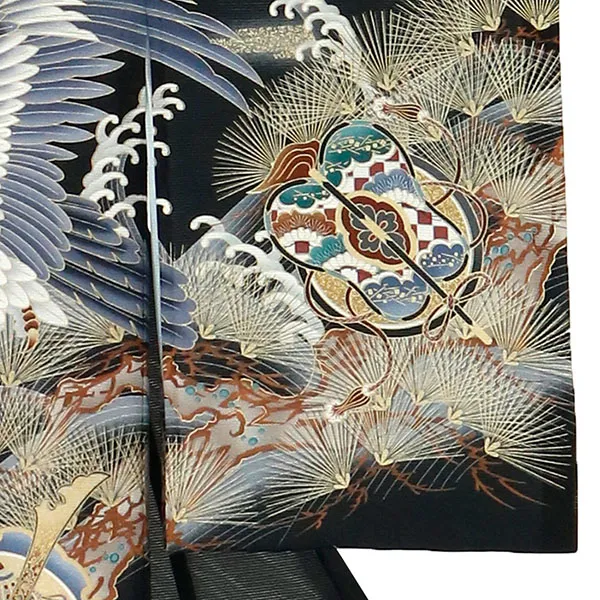 お宮参り産着／黒地に鷹と松・波の絽の祝い着／男児 右袖