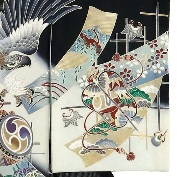 【涼しい】お宮参り産着／黒地に鷹と短冊の絽の祝い着／男児／右袖詳細