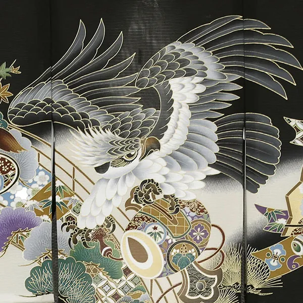 【涼しい】お宮参り産着／黒地に鷹と橋に松の絽の祝い着／男児 背守り