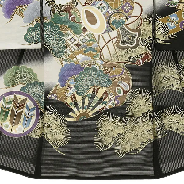 【涼しい】お宮参り産着／黒地に鷹と橋に松の絽の祝い着／男児 裾模様