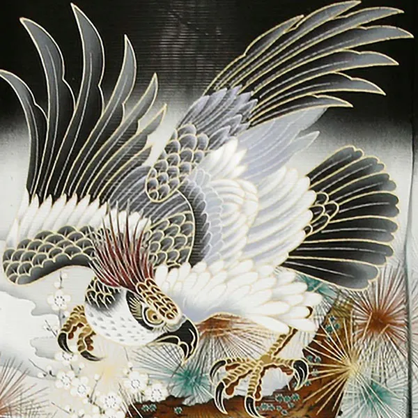 【涼しい】お宮参り産着／黒地に鷹と白虎の絽の祝い着／男児／背中の鷹詳細