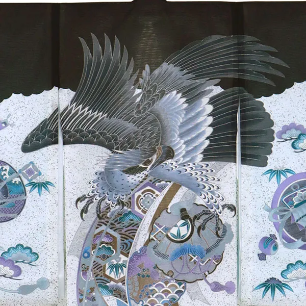 黒と白の地に鷹と熨斗の絽の祝い着（産着）／男児（ポリエステル）背守り