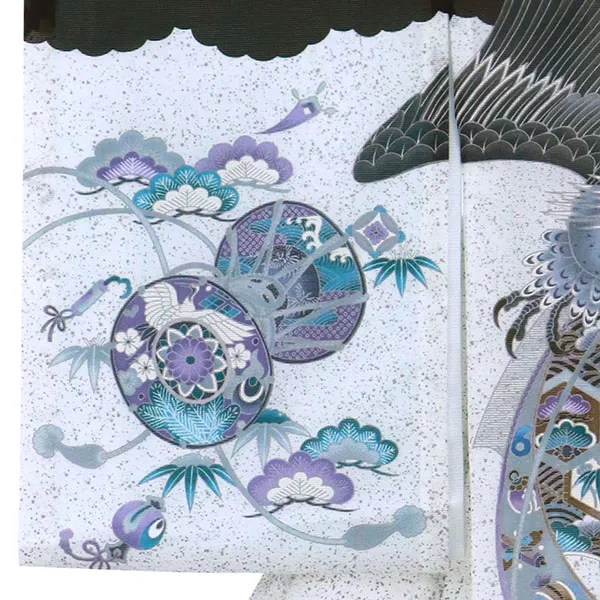 黒と白の地に鷹と熨斗の絽の祝い着（産着）／男児（ポリエステル）左袖