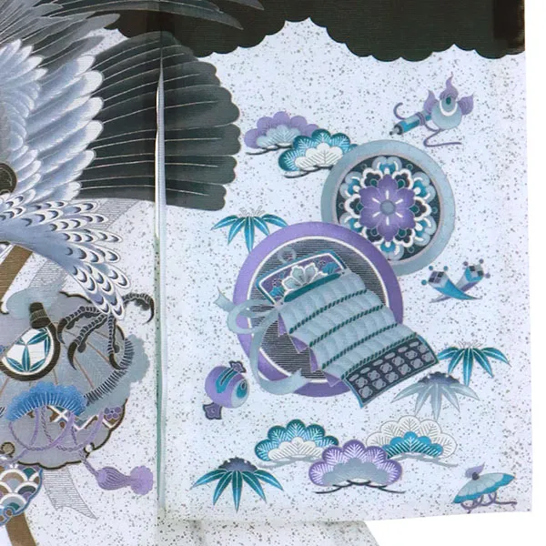 黒と白の地に鷹と熨斗の絽の祝い着（産着）／男児（ポリエステル）右袖