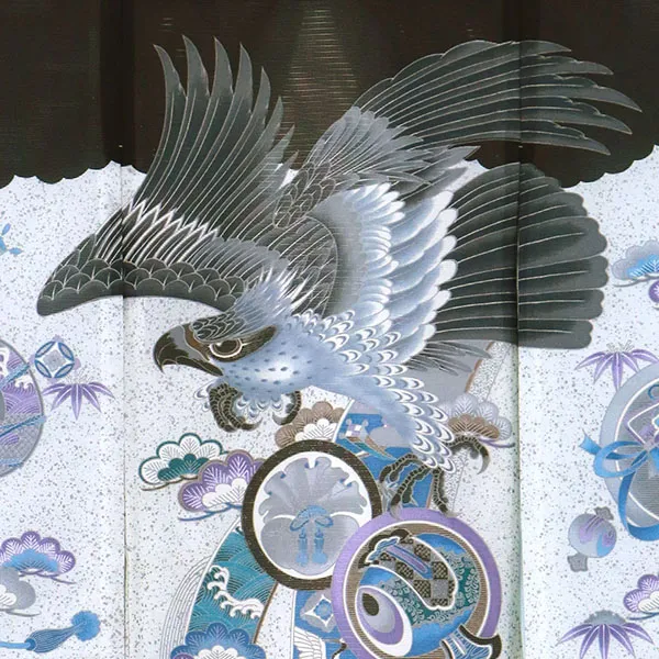 お宮参り産着／黒と白の地に鷹と屏風の絽の祝い着／男児（ポリエステル