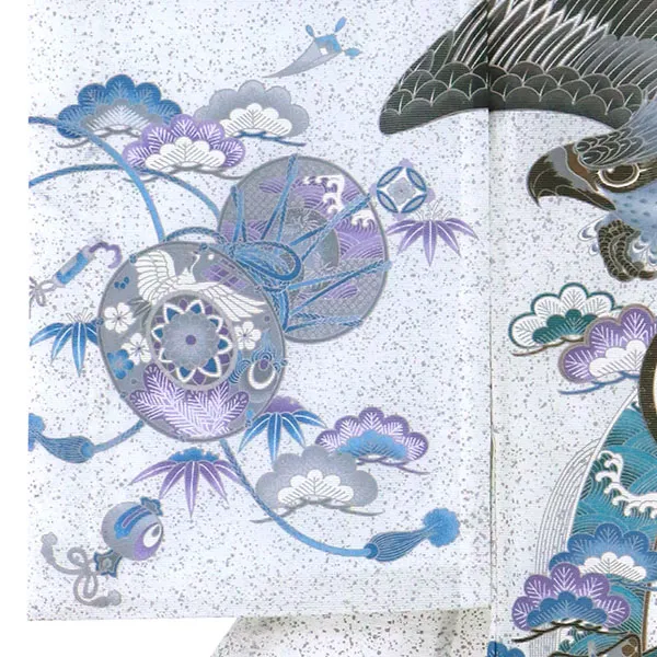 黒と白の地に鷹と屏風の絽の祝い着（産着）／男児（ポリエステル）左袖