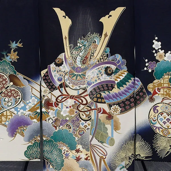 紺地に兜と几帳に松の絽の祝い着（産着）／男児 背守り