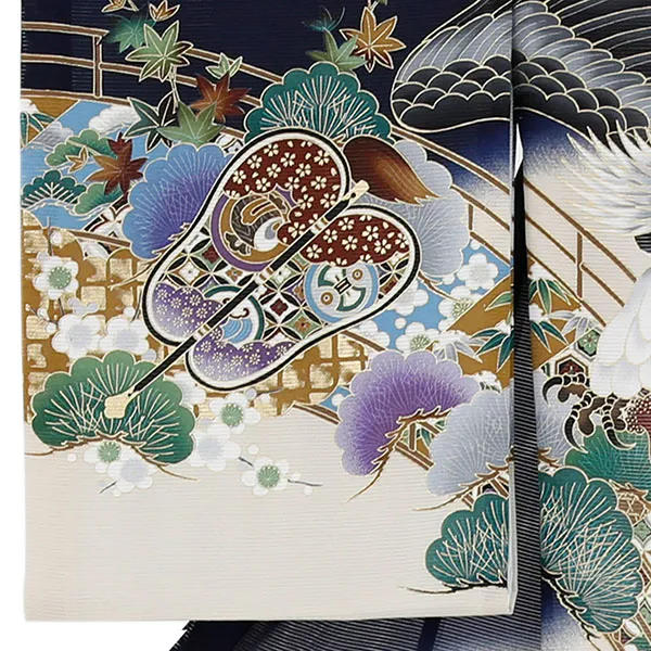 【涼しい】お宮参り産着／紺地に鷹と橋に松の絽の祝い着／男児 左袖