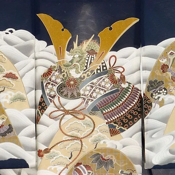 紺地に兜と波に松山の絽の祝い着（産着）／男児 背守り