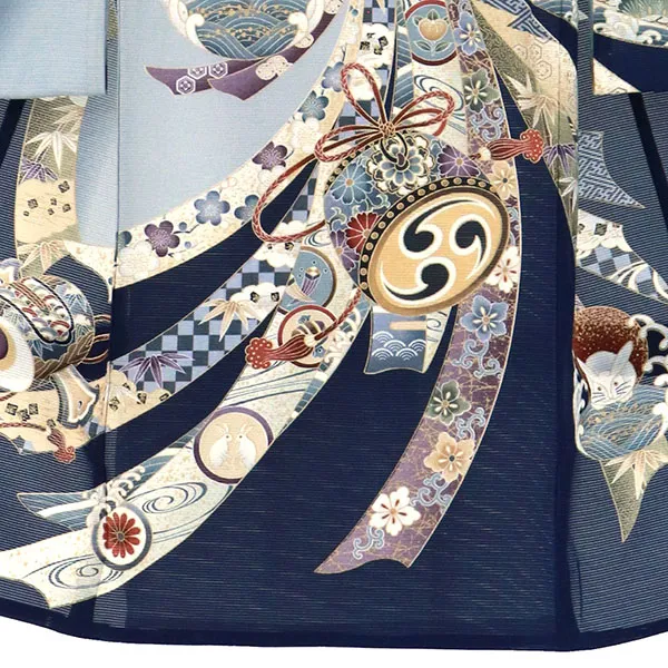 【涼しい】お宮参り産着／紺地に鷹と熨斗・打出の小槌の絽の祝い着／男児 裾模様