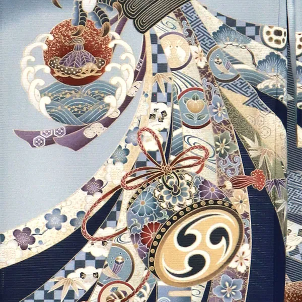 【涼しい】お宮参り産着／紺地に鷹と熨斗・打出の小槌の絽の祝い着／男児／背中の束ね熨斗詳細