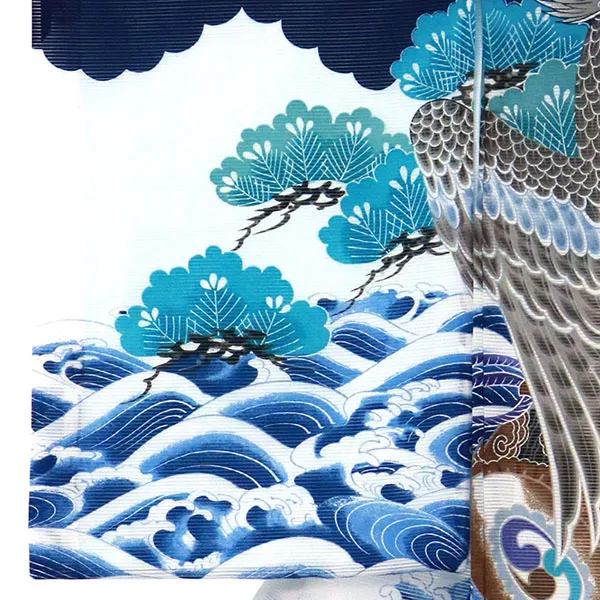 紺地に鷹と波、松の絽の祝い着（産着）／男児（ポリエステル）左袖