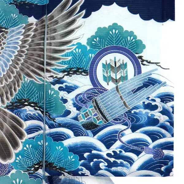 お宮参り産着／紺地に鷹と波、松の絽の祝い着／男児（ポリエステル